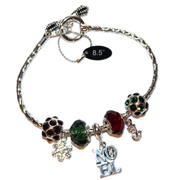 DaVinci Charm Bracelet 8.5" 7 Beads - Christmas Noel Snowflake Snowman Red Green - Picture 1 of 3